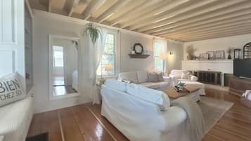 Smart TV, chimenea, libros y biblioteca musical