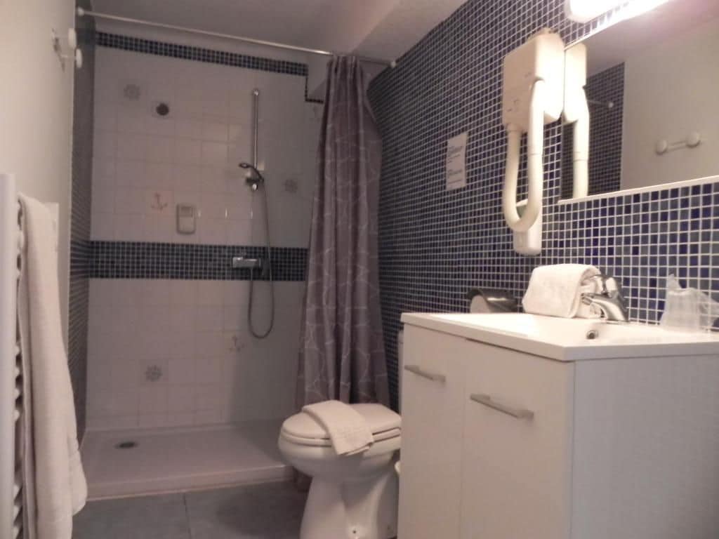 A bathroom with a shower, toilet, and a sink with a mirror.