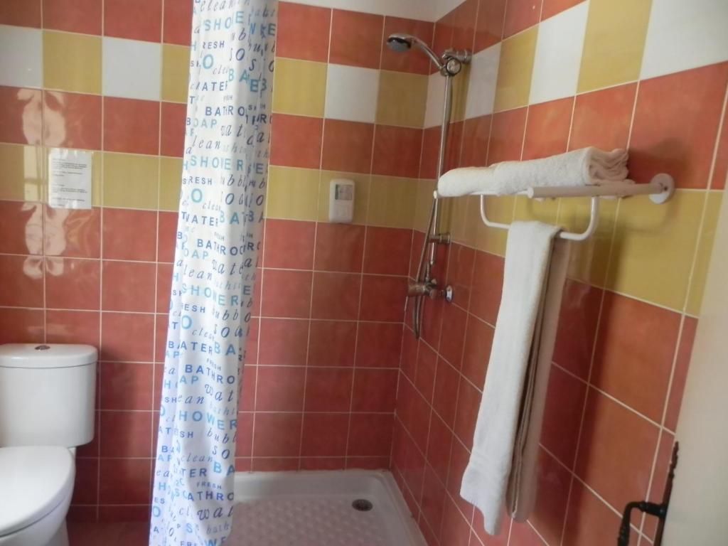 A shower area with a tiled wall, a showerhead, a towel rack, and a toilet.