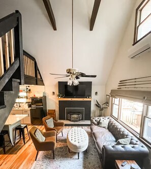 Smart TV, fireplace, books, stereo