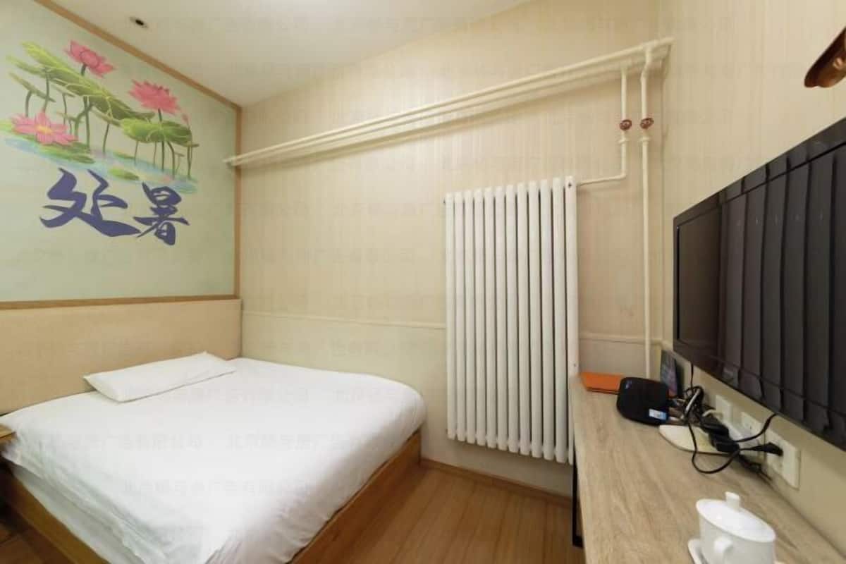 A bedroom with a bed, a radiator, a TV, and a wall with a floral mural.