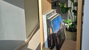 Ein Bücherregal mit Büchern und einer Topfpflanze.
