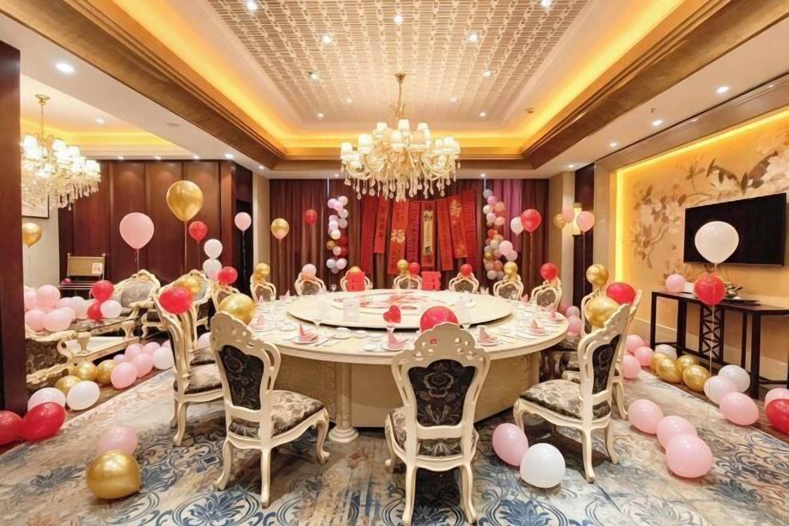 A round table with chairs, a chandelier, and red and gold balloons.