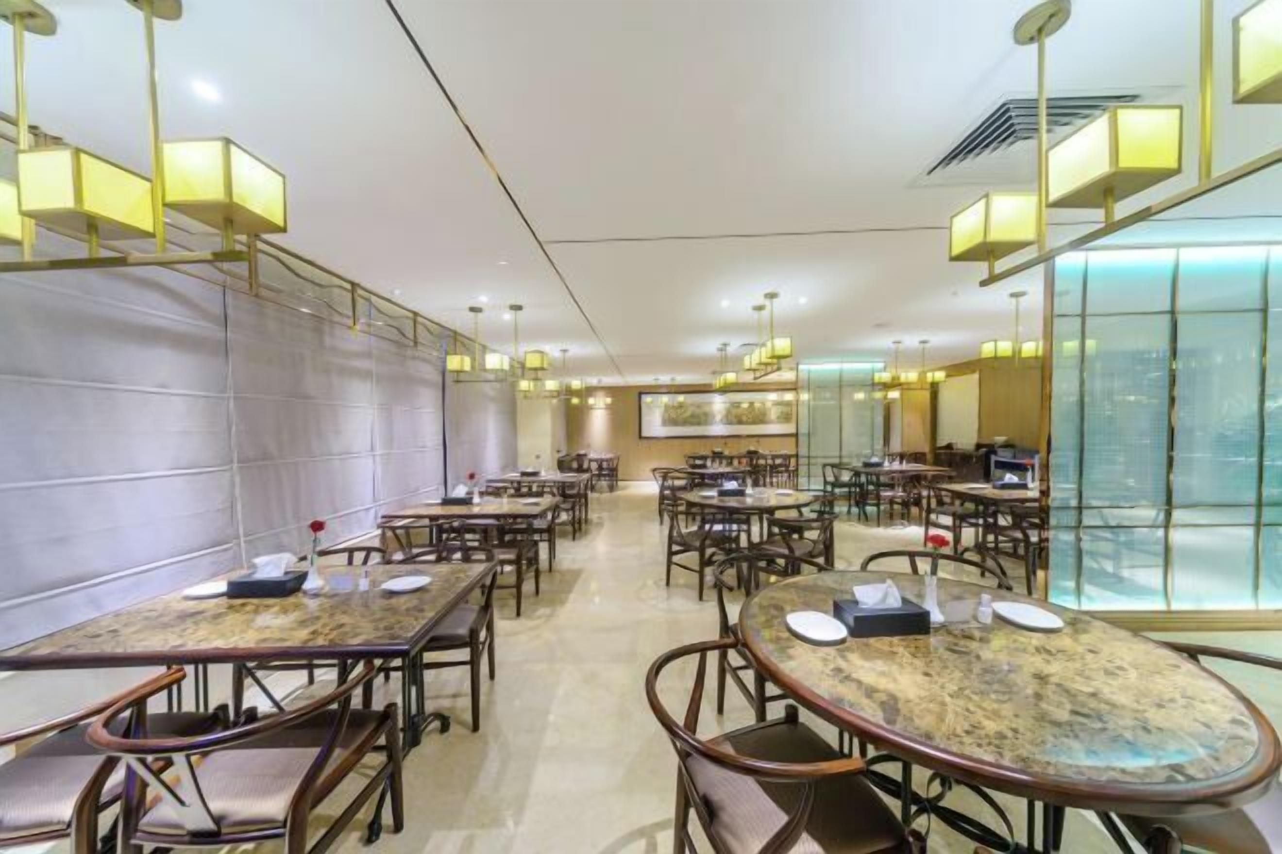 Zona pranzo di un hotel moderno con diversi tavoli e sedie, illuminazione a incasso e un'ampia finestra sul lato destro.
