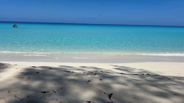 A beach with clear turquoise water, a sandy shore, and a distant sailboat.