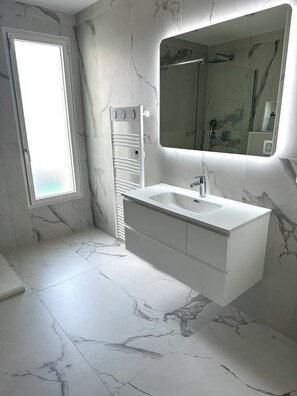 Chuveiro, secador de cabelo, toalhas de banho 