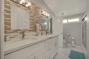 Hair dryer, towels, soap, shampoo