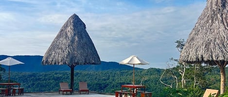 Piscine extérieure, parasols de plage, chaises longues