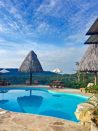 Una piscina al aire libre, sombrillas, sillones reclinables de piscina