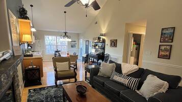 Smart TV, fireplace, DVD player, books