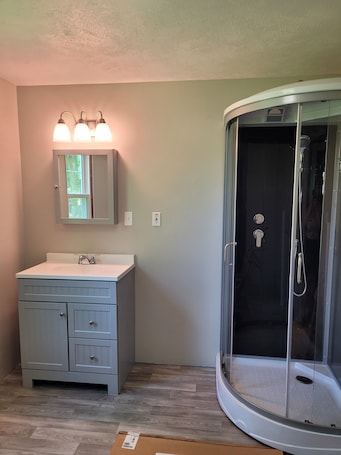 Shower, hair dryer, towels, soap. 2-bedroom country house in West Springfield, PA with WiFi, AC