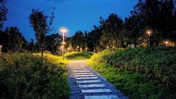 Un sentier qui traverse un espace paysager agrémenté d’arbres et d’arbustes, éclairé par des lampadaires.