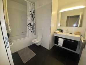 Hair dryer, towels, soap, toilet paper