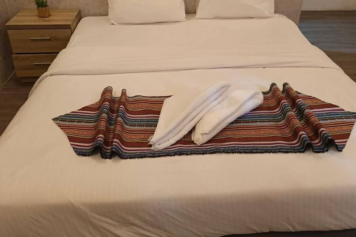 A neatly made bed with white linens, a colorful striped blanket, and a small wooden nightstand with a plant.