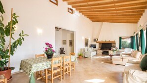 A spacious living area with a dining table, chairs, a sofa, and a fireplace.