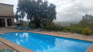 A rectangular swimming pool with a clear blue water surface, surrounded by a stone deck. There are two blue lounge chairs and a small table near the pool. A large tree and various shrubs are visible in the background.