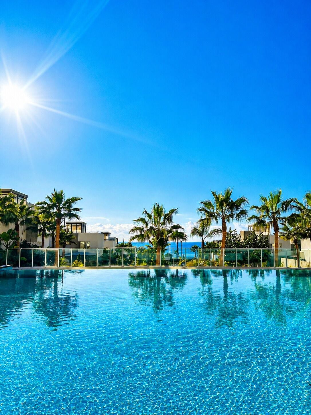 A clear blue pool with palm trees and a building in the background.