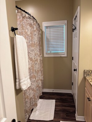 Hair dryer, towels, soap, toilet paper