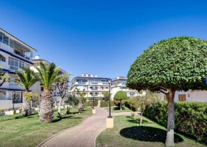 Zona residencial con un sendero pavimentado, palmeras y un césped bien cuidado.