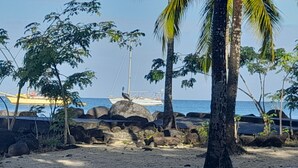 Una playa con costa rocosa, palmeras y un velero al fondo.