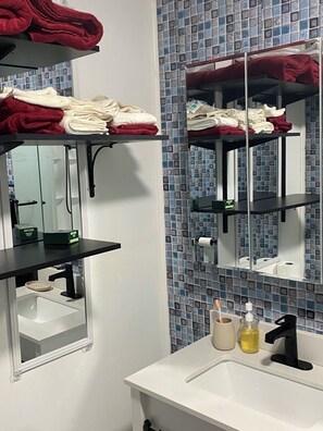 Hair dryer, towels, soap, shampoo