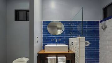 Shower, towels, soap, toilet paper