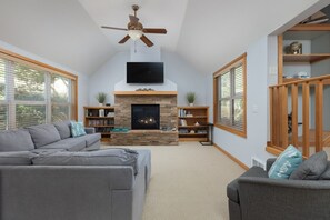 TV connectée, cheminée, livres