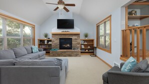 Smart TV, fireplace, books