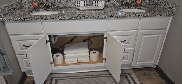 A bathroom with two sinks, a toilet paper holder, and a towel rack.