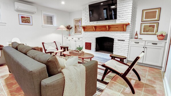 TV, fireplace, books