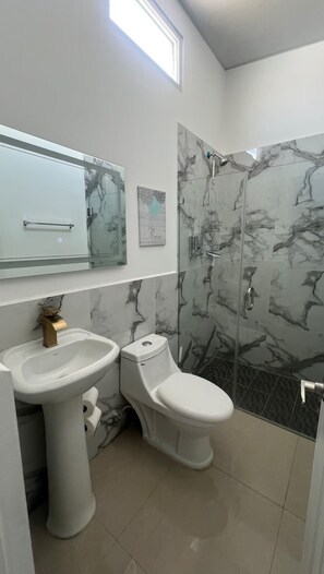Shower, hair dryer, towels, soap