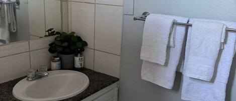 A bathroom with a white sink, a mirror, a towel rack with two towels, and a potted plant on the countertop.