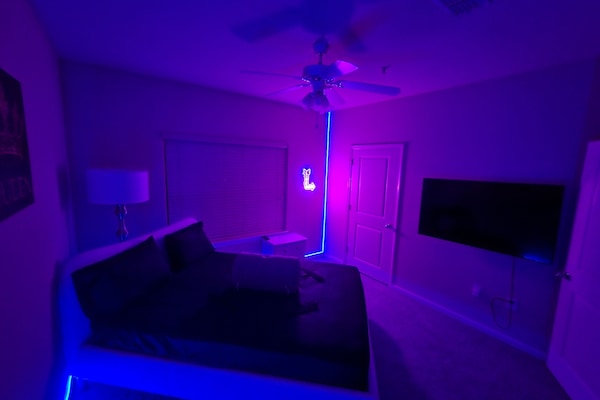 Smart TV, table football, books, computer monitors