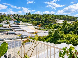 Un complexe de serres doté de plusieurs structures transparentes, entouré d’une végétation luxuriante et avec des immeubles d’habitation en arrière-plan.