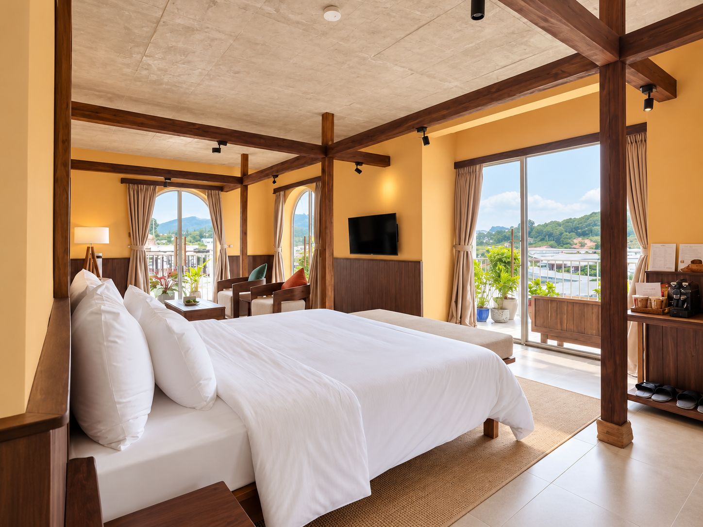 Ein Hotelzimmer mit einem großen Bett, einem Schreibtisch, einem Sessel, einem Fernseher und einem Balkon mit Blick.