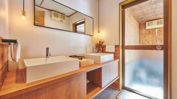 Hair dryer, towels, shampoo