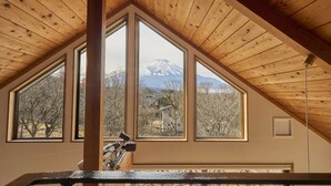 Habitació amb sostre de fusta inclinat i grans finestres que donen vista a una muntanya nevada.