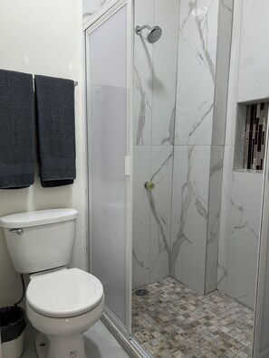 Shower, hair dryer, towels, soap