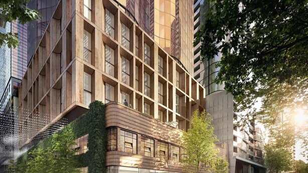 A modern building with a wooden facade, large windows, and a green rooftop garden.