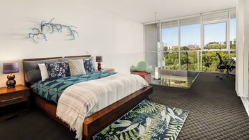 1 bedroom, desk, iron/ironing board, bed sheets