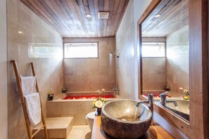 Shower, jetted tub, hair dryer, bidet