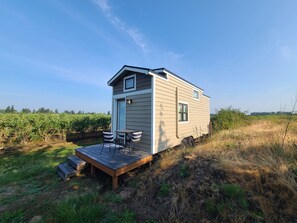 Una cabaña pequeña con terraza y una mesa con sillas, rodeada de vegetación natural.