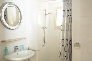 A bathroom with a sink, mirror, shower, and toilet. - Fico apartment with garden (Loculi)