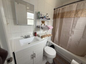 Hair dryer, towels, soap, toilet paper