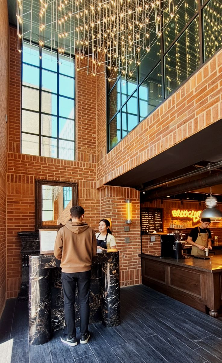 A modern interior with brick walls, large windows, and a bar area.