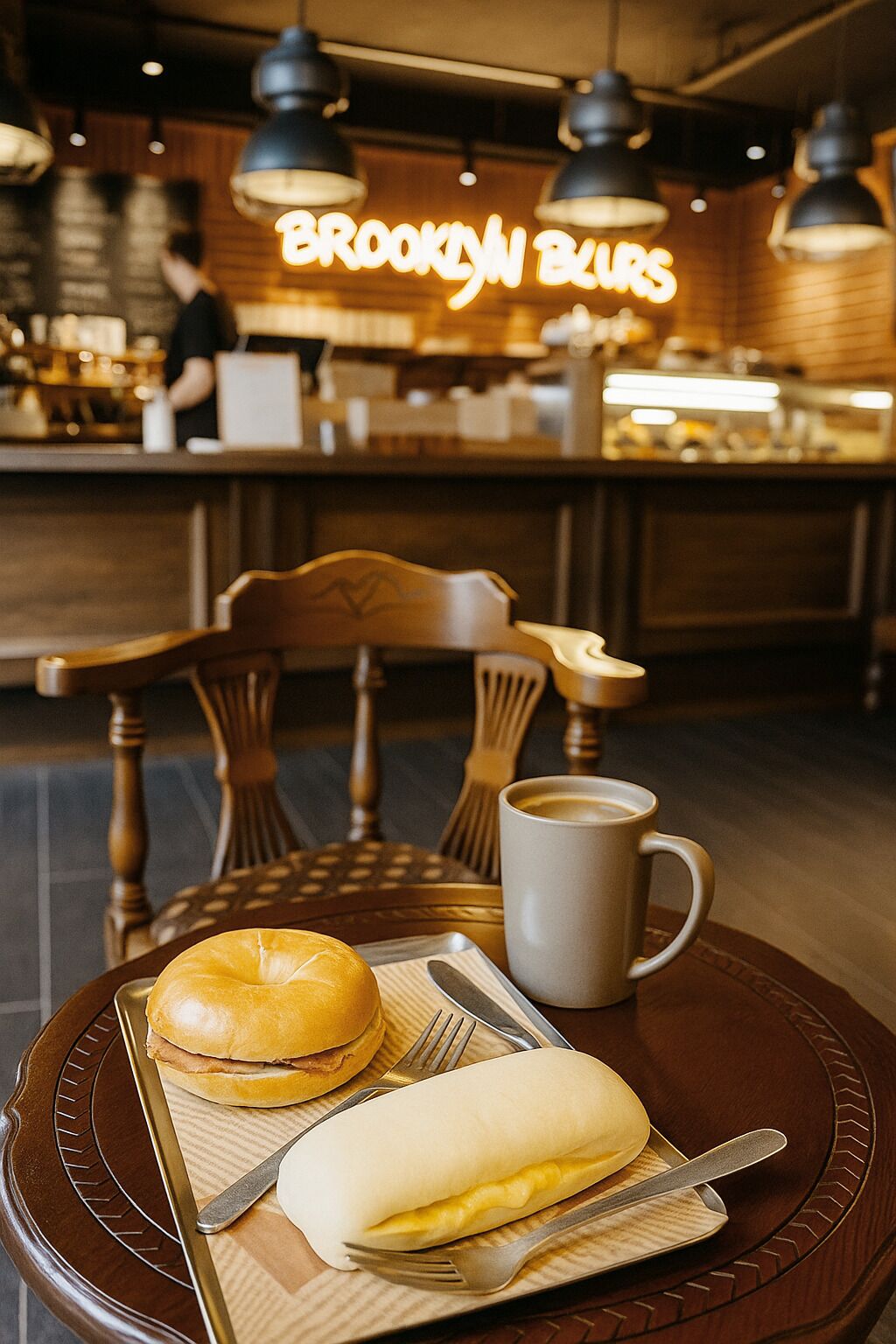 A dining table with a bagel, a sandwich, and a coffee cup, with a neon sign reading "Brooklyn Blues" in the background.