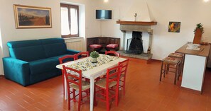 Un salon avec un canapé bleu, une table à manger entourée de chaises rouges, une cheminée et un téléviseur fixé au mur.