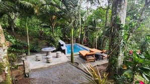 Un espace piscine agrémenté de chaises longues et d’une petite table, le tout entouré d’une végétation tropicale luxuriante.