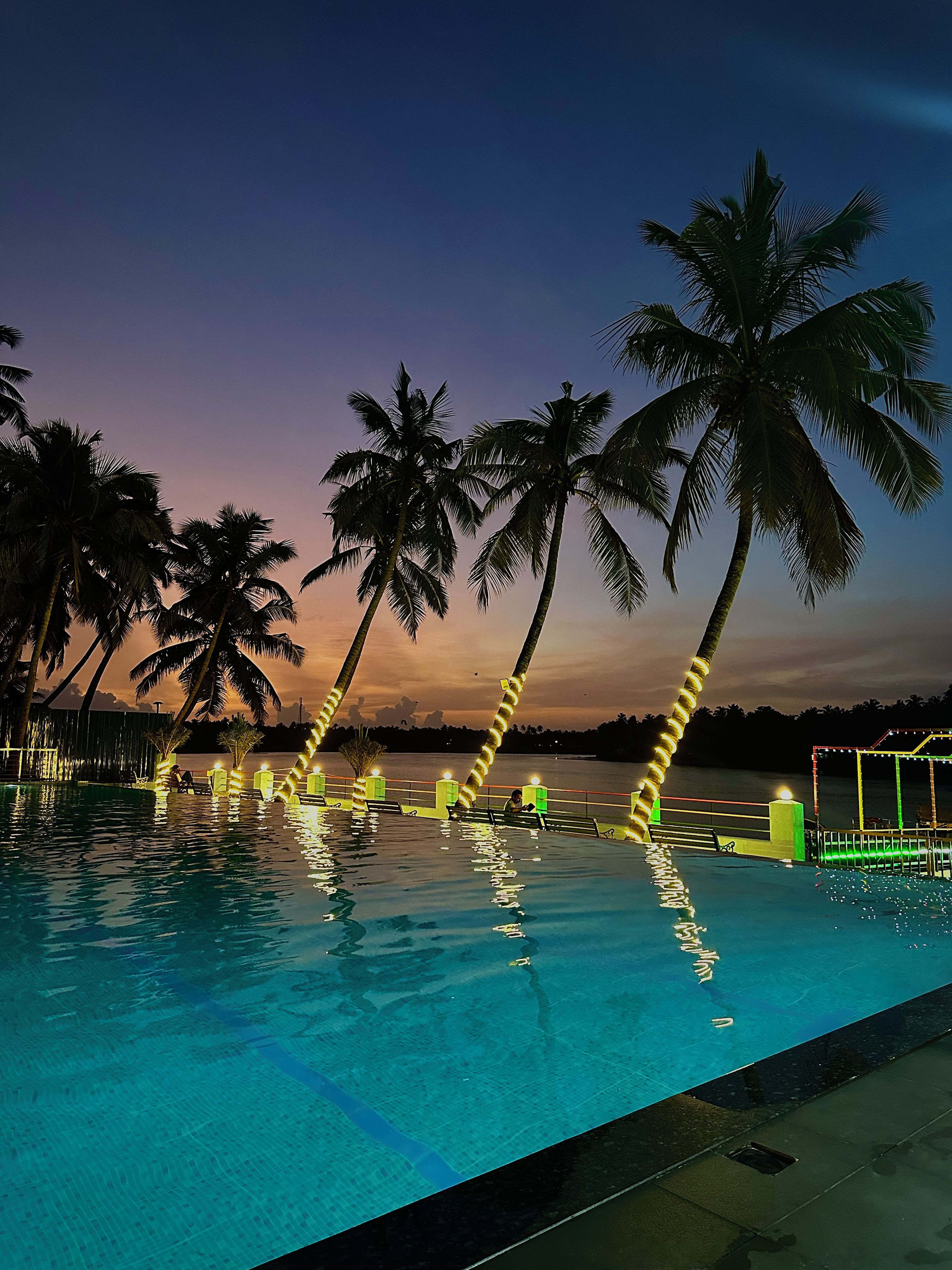 Una piscina con palmeras y un atardecer de fondo.