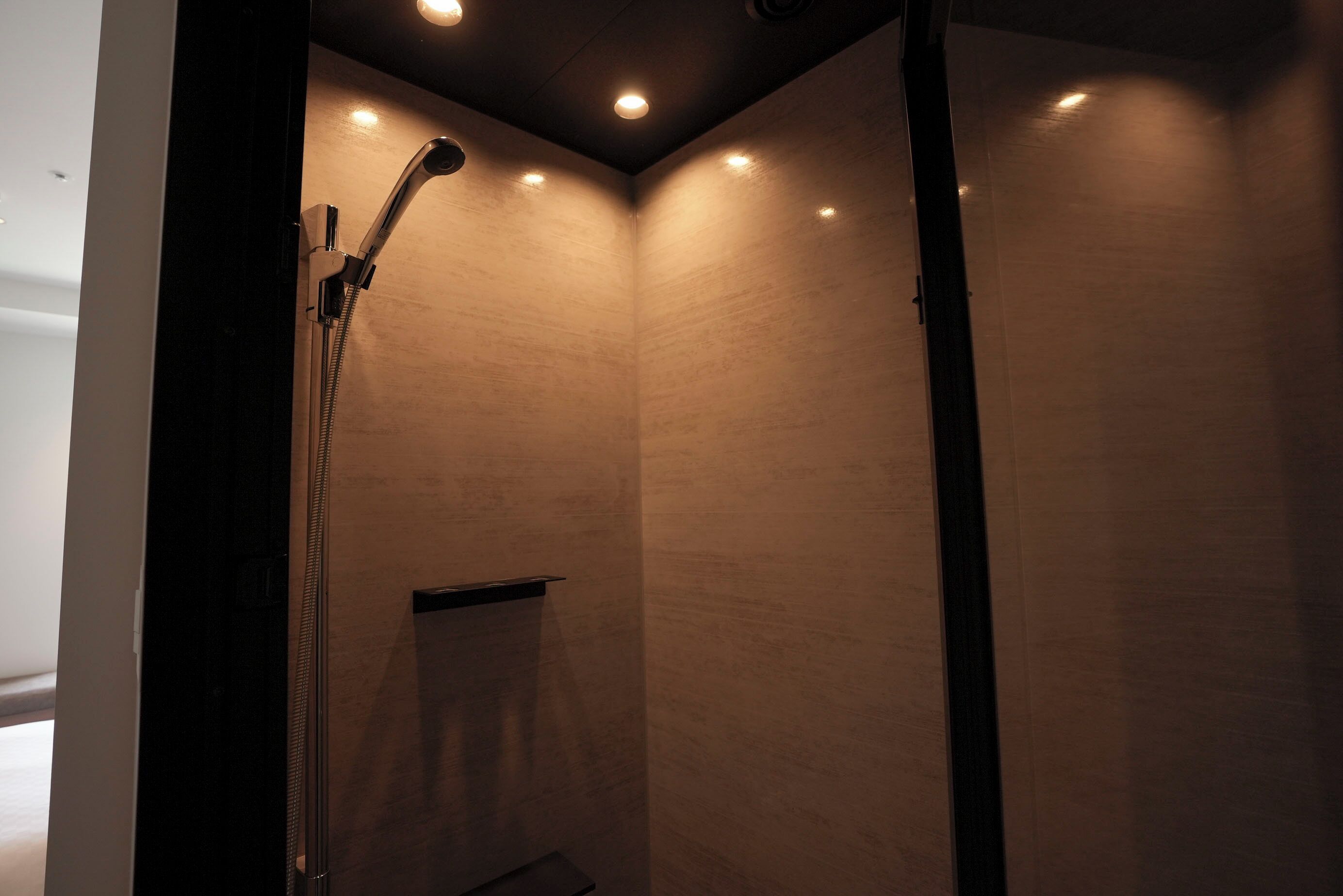 A modern shower with a handheld showerhead, recessed lighting, and a small shelf.
